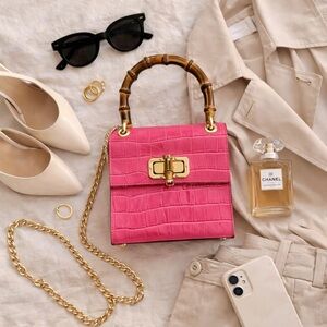 Italian Bamboo Handle Leather Pink Croc Embossed Mini Bag Top Handle Crossbody